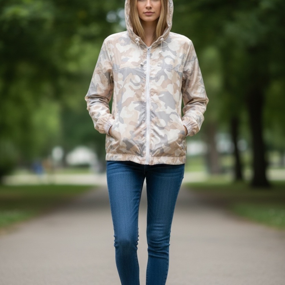 Olive & Oak Camouflage Hooded Windbreaker Full Zip Jacket